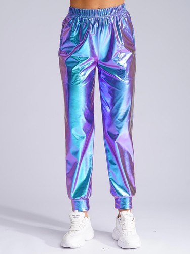 Womens Shiny Metallic Pants Holographic Wide Legs High Waist Trousers Party AU - Picture 80 of 92