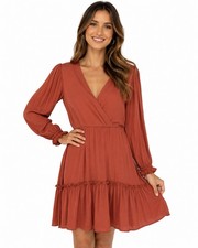 Karlie Women’s Rust Faux Wrap Long Sleeve Ruffle Hem Mini Dress - 0814