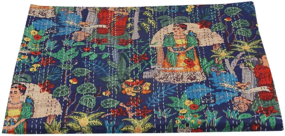 Indian Cotton Frida Khalo Kantha Quilt Screen Printed Blanket Coverlet Bedspread - Image 2 of 4