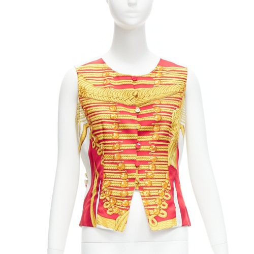 rare HERMES Vintage Hussar Tromp Loeil red gold buttons waistcoat vest FR40 L