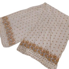 Anne Klein Beige Floral 100 Silk Rectangular Signed Hand Stitched Scarf 11.5x41