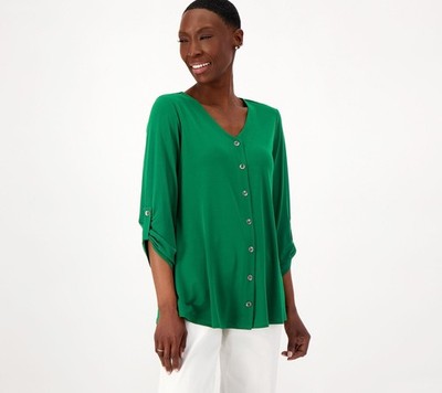 Susan Graver Women's Top Plus Sz 1X Liquid Knit V-Neck Button Green A607320