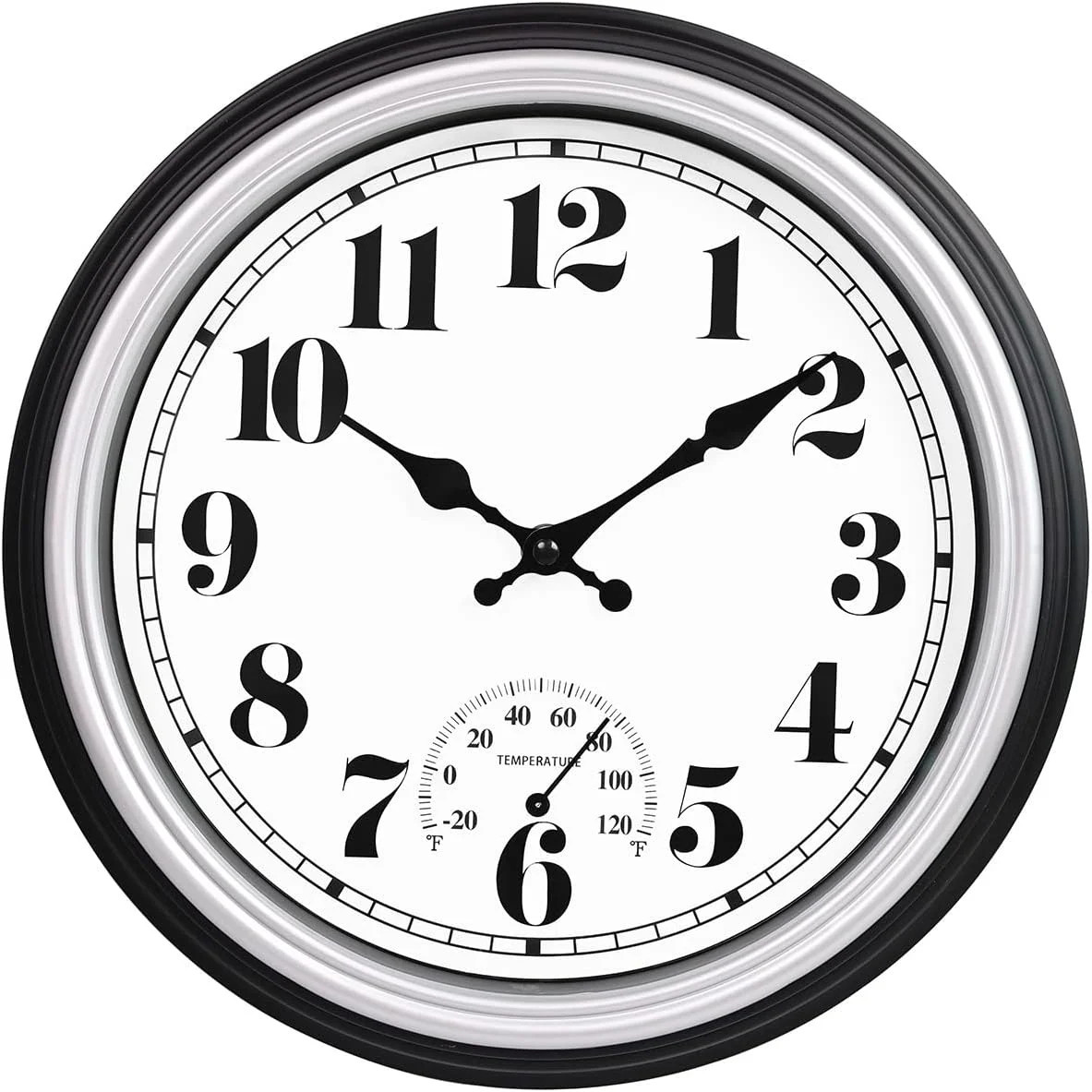 12 Inch Indoor/Outdoor Retro Round Waterproof Wall Clock with Thermometer, Silen