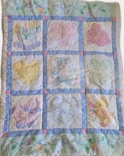 Vtg 80's/90's Handmade Baby Crib Quilt Blanket Unisex Teddy Rocking Horse Hearts