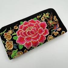 Floral Embroidered Zip Around Wallet Clutch Purse Black Multicolor Design