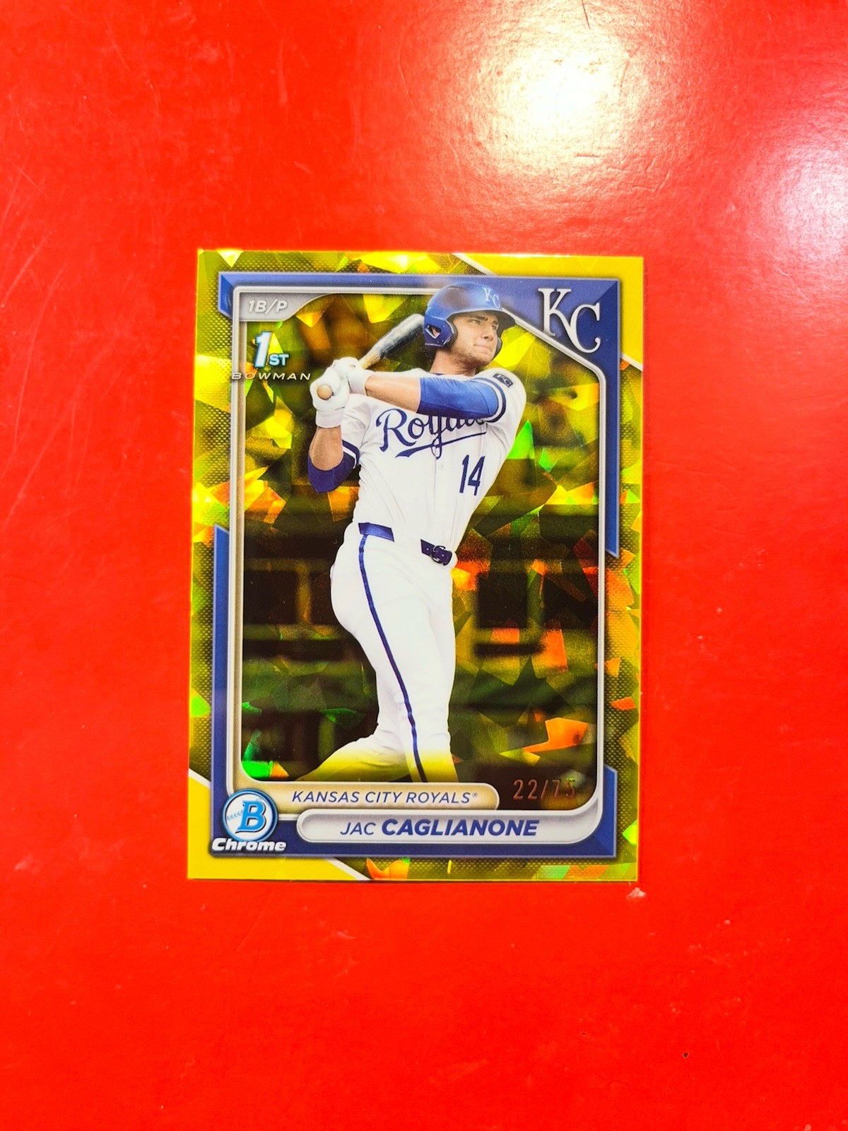 2024 BOWMAN DRAFT SAPPHIRE 1ST JAC CAGLIANONE YELLOW /75 BDC-8 CLEAN !