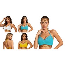 Women Belly Dance Festival Bra Tassel Top Dancewear Costume Ruched Crop Vest