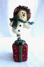 1997 Blossom Bucket Christmas Bouncing Snowman Figurine Suzi Skoglund 4"