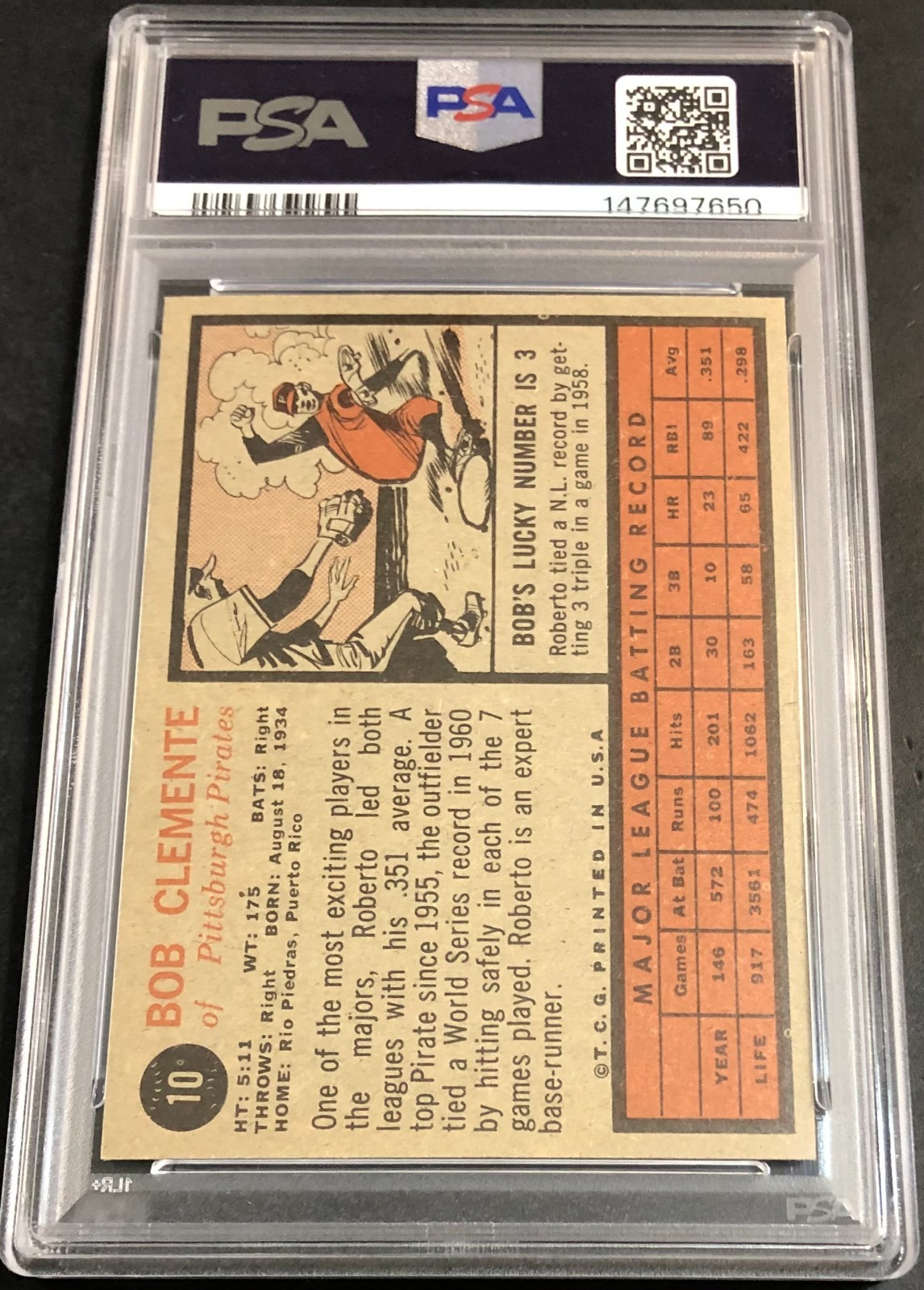 1962 Topps Bob (Roberto) Clemente #10 PSA 6 EX-MT! Nicely CENTERED FRONT & BACK! view 5