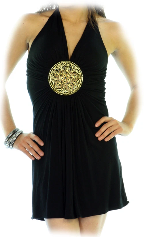 Nuevo Mini Vestido Halter Negro Y2K Medallón Dorado Fiesta Ropa de Club Noche Divertido Glamour Foto 2 de 3