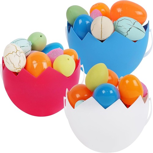Zcaukya 3 Packs Easter Buckets, Plastic Baskets with Handles, Empty Adorable Eas