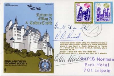 Colditz FDC signiert von den Home Run Escapern Pat Reid, Hank Wardle & Billie Stephens