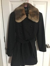 Laundry By Shelli Segal Women Wool Pea Coat, Size 6, Fur Removable Collar Belted