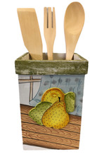 PORTA MESTOLI CUCINA IN LEGNO DIPINTO E CON INSERTO IN RILIEVO + 3 MESTOLI