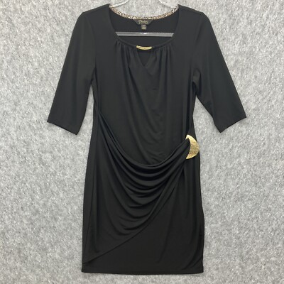 Thalia Sodi Knit Cocktail Dress Womens M Black Gold Accents Faux Wrap LBD |  eBay