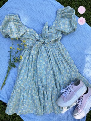 Mable Floral print puff sleeve babydoll dress with front ribbon layer  detail L | eBay