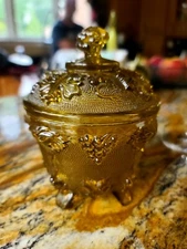 Vintage Amber Jeannette Glass 4 Footed Candy Bowl Jar w Lid Grapes Leaves