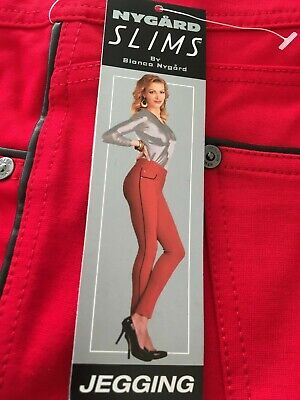 NYGARD Slims faux leather trim jeggings uk size M 10-12  red  bnip