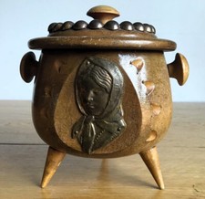 Turned Tripod Wood Pot & Lid. Handles & Corsican Woman Metal Badge Pin. Corsica.