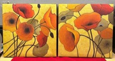 Set of 2 Shirley Novak Poppies Flower Wall Art Home Décor Print on Canvas~11½ sq
