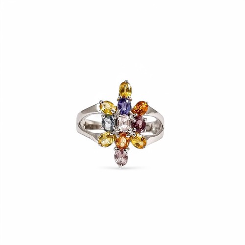 9ct white gold floral cluster ring w/ 2ct six-colour multicolour sapphires N 1/2 - Foto 6 di 15