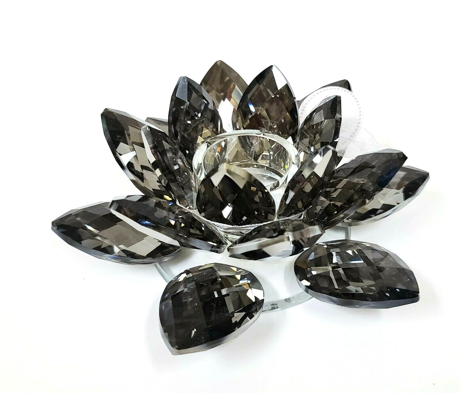 VIDALI 7" CRYSTAL GLASS SMOKE GRAY LOTUS FLOWER SHAPED TEALIGHT,CANDLE