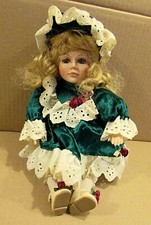 1990's Wind Musical 12" Porcelain Doll Blonde Hair Green Eyes Cloth Body FREE SH