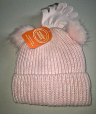 Wonder Nation Solid Pink Ribbed Knit PomPom Ears Winter Hat Set w Gloves NWT