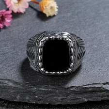 925 Sterling Antique Silver Square Black Agate 10x12mm Ring size 6-11