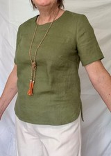 Linen BLOUSE size 10-12 Olive green Top SHORT SLEEVES - VT DESIGNS - BNWOT