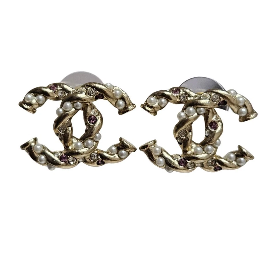 ChaneL A23 Gold Twist Pink Crystal & Glass Pearl XL CC Stud Earrings - Image 3 of 4