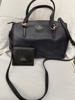 Coach Marbled Leather Crossbody/handled Purse&Wallet Set-Dark Blue &Gold