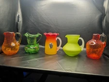 Vintage Art Glass Mini Pitchers Set Of 5 Blenko + Kanawha + ? Amberina + Green