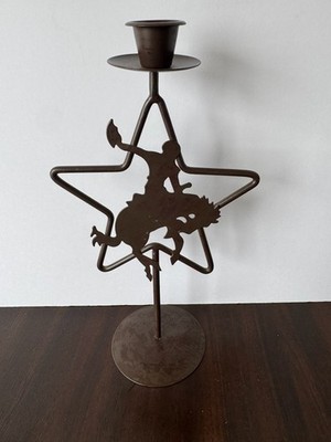 Rustic Western Metal Star Cowboy Bull Rider Candle Holder 13in Farmhouse