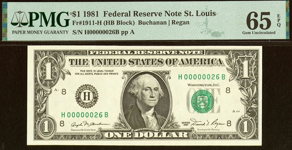 1981 $1 Federal Reserve Note PMG 65EPQ - Birthday - Low Serial Number 00000026 - Image 2 of 3