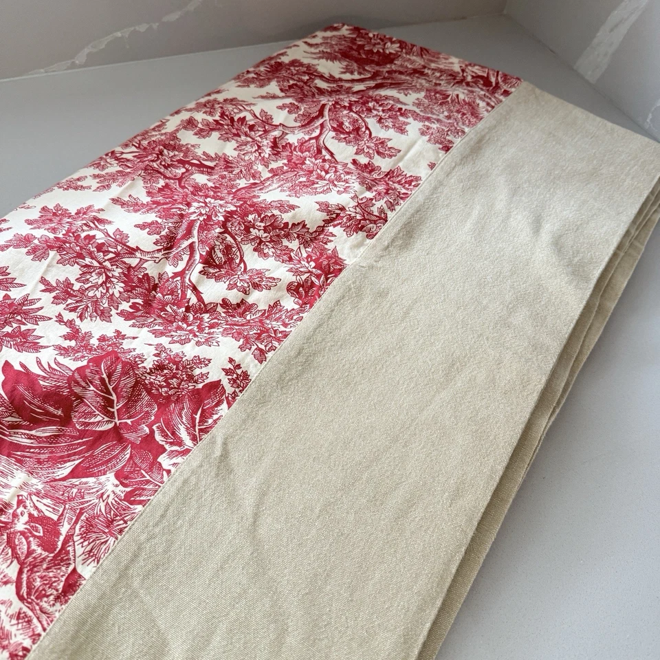 Oversized Linen Tablecloth French Toile De Jouy Red With Beige Border 112x66" - Image 2 of 4