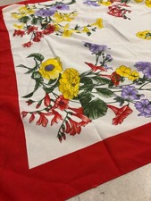 Vintage 60s 70s Flower Floral Mod Botanical Garden Polyester Red Trim Scarf 29"