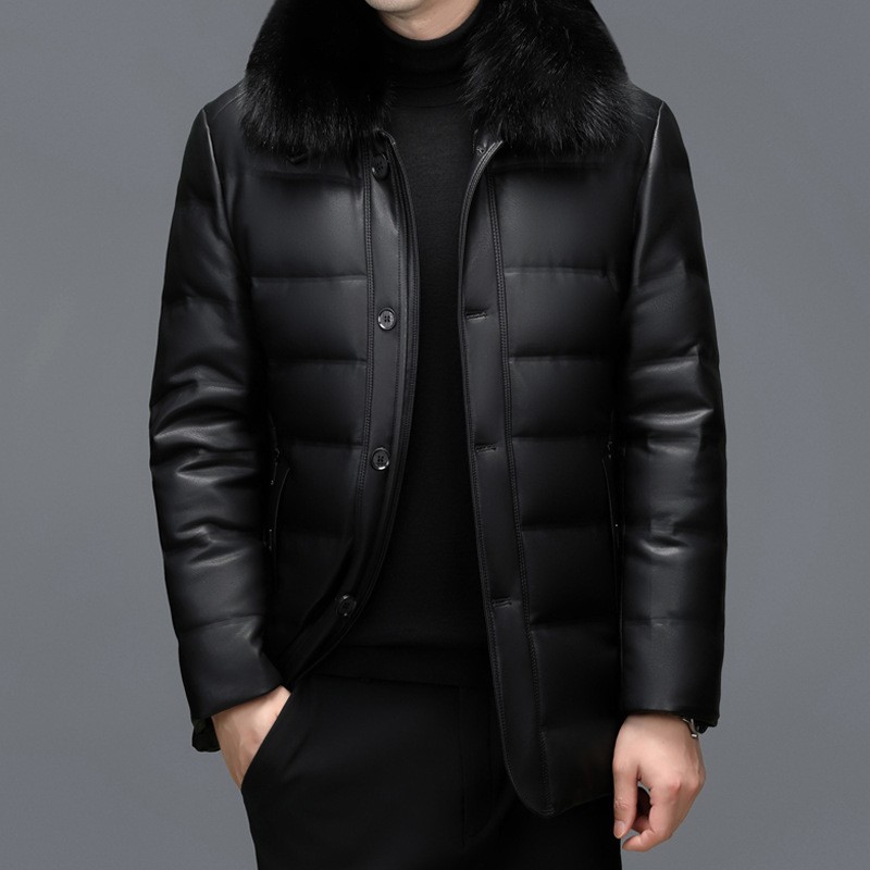 New Mens Duck Down Jacket Long Thicken Leather Jacket Winter Outerwear Jackets