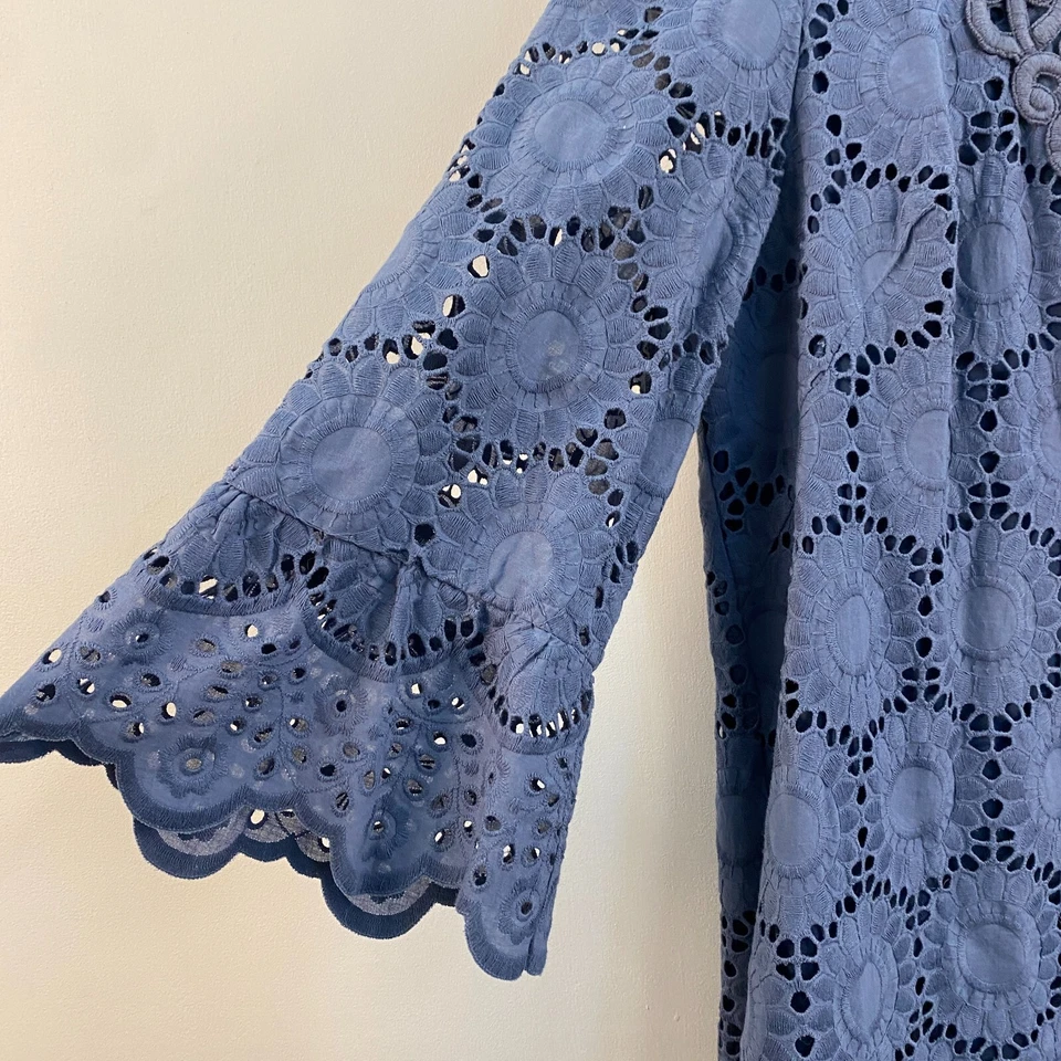 MUSE Womens 14 Dress Blue Woven Embroidered 3/4 Sleeve Zip Back Knee Length - Image 4 of 4