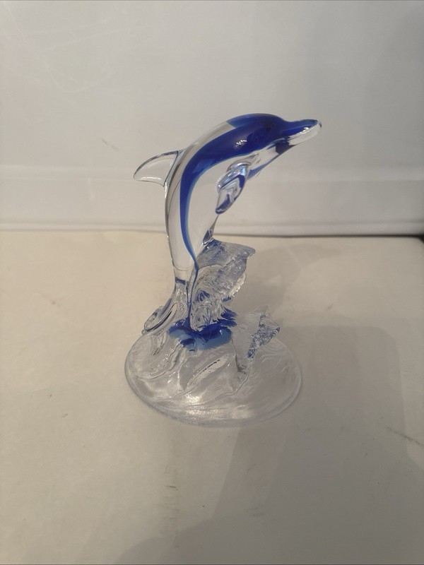 Cristal d’ Arques Cobalt Blue & Clear Lead Crystal Dolphin & Waves, France, 6”