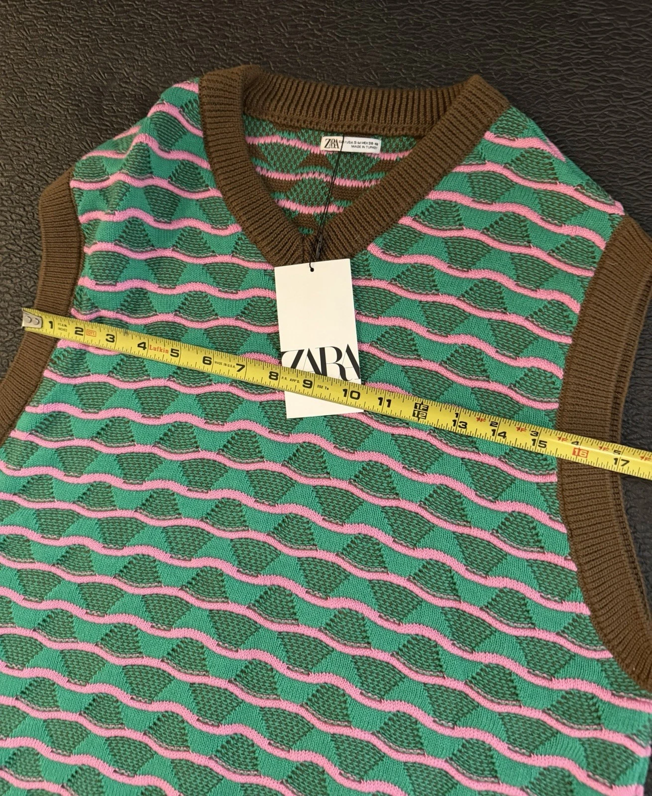 Zara Men’s V-Neck Sleeveless Knit Sweater Vest Striped Green Pink Brown S/M - product detail image 7