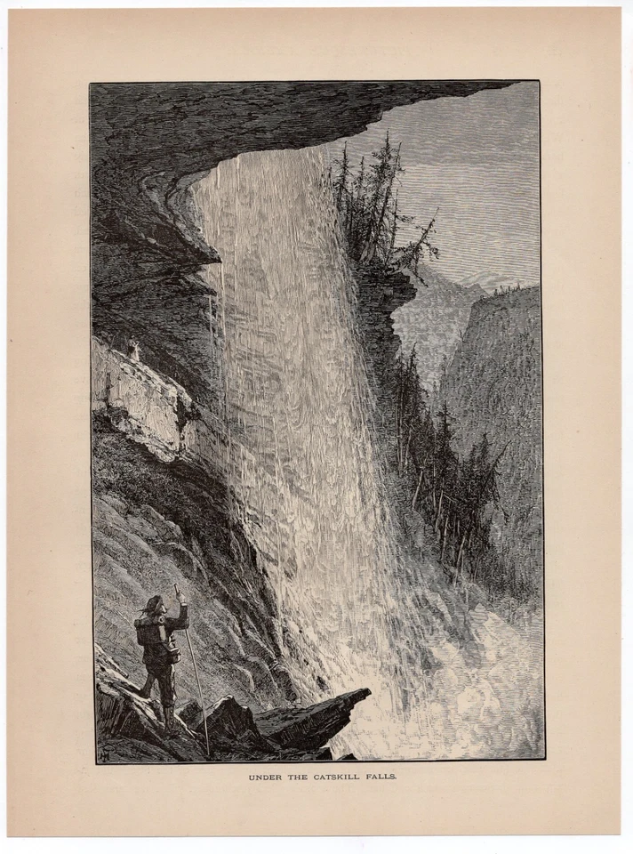 UNDER CATSKILL FALLS – 纽约州北部瀑布 1872 年古董木质雕刻 — 第 2/2 张图片