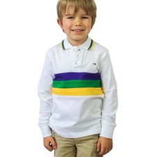 Mardi Gras Toddler Kids Long Sleeve White Chest Stripe Polo Shirt