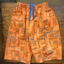 Nike Boys Orange Blue Logo Swim Trunks S Elastic Waist Logo Pattern Bottom