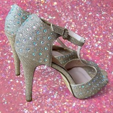Styluxe Peep Toe High Heel Silver Studded Rhinestone Elegant Glitter Pumps 6 