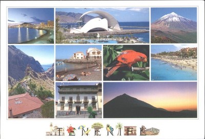 Teneriffa Mehransicht Postkarte - Teide, Manrique Auditorium, Strände, Papagei