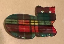 Vintage lucite Tartan cat pin with rhinestone eyes red green