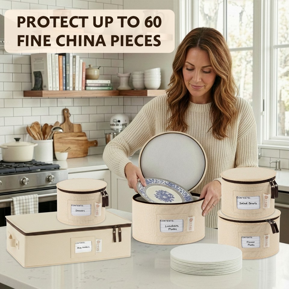 A 5-piece set of hard shell storage containers for moving and storing china