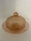 Vntage Pink Depression Glass Covered Dish w Dome Lid Seashell Hobnail Pattern
