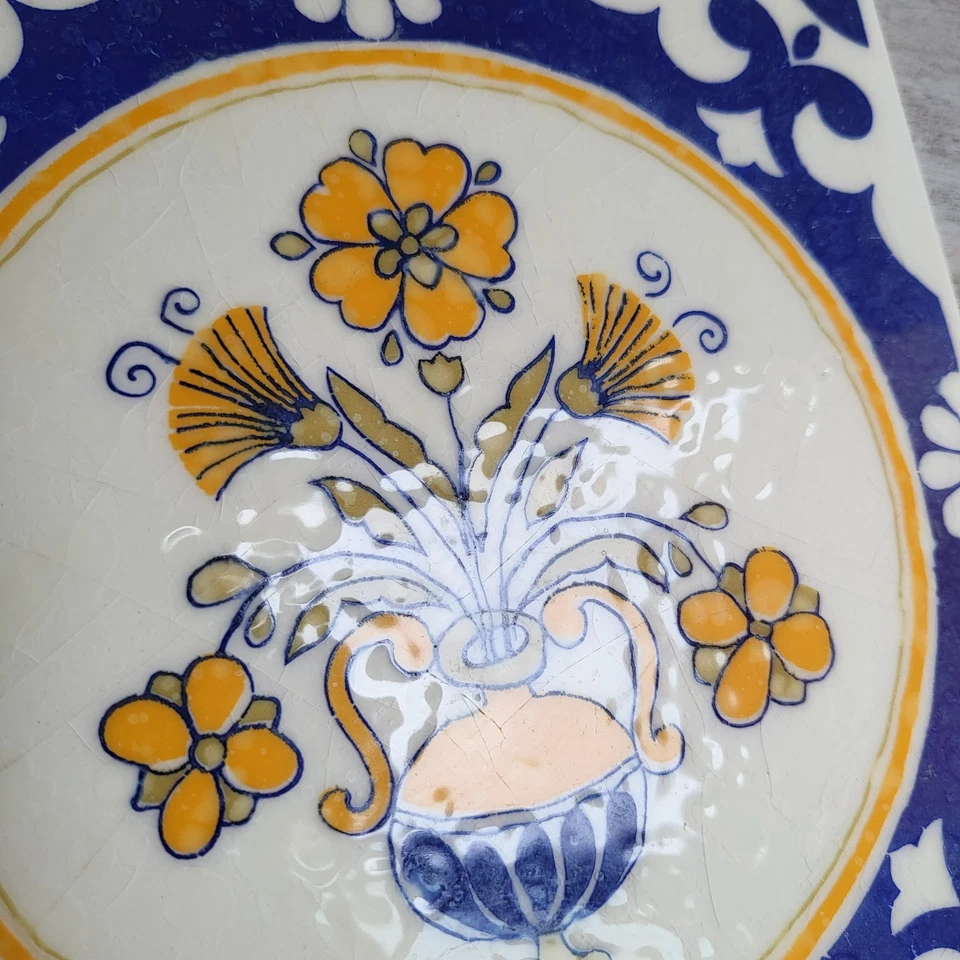 Jarrón vintage portugués años 60 azul blanco amarillo arreglo floral azulejo 6" Foto 4 de 4